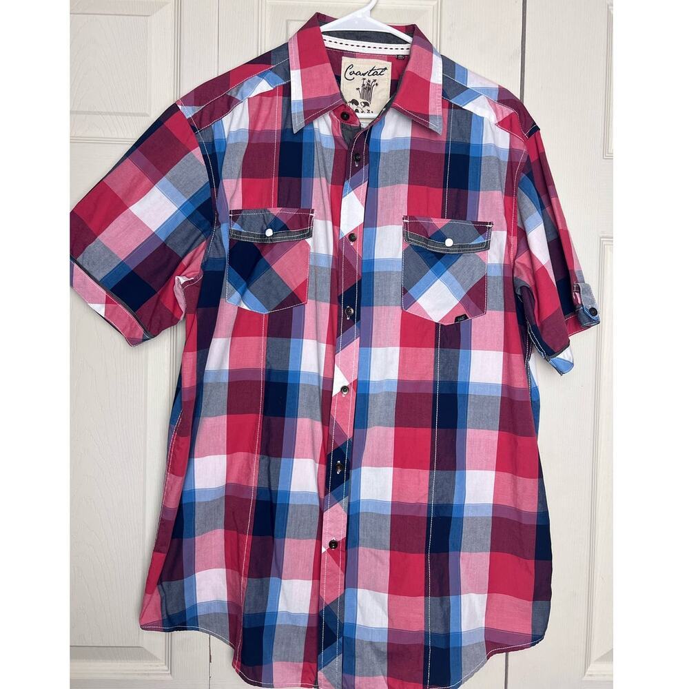 Coastal Men's Short Sleeve Button Up Red White Blue Plaid Shirt Size XL